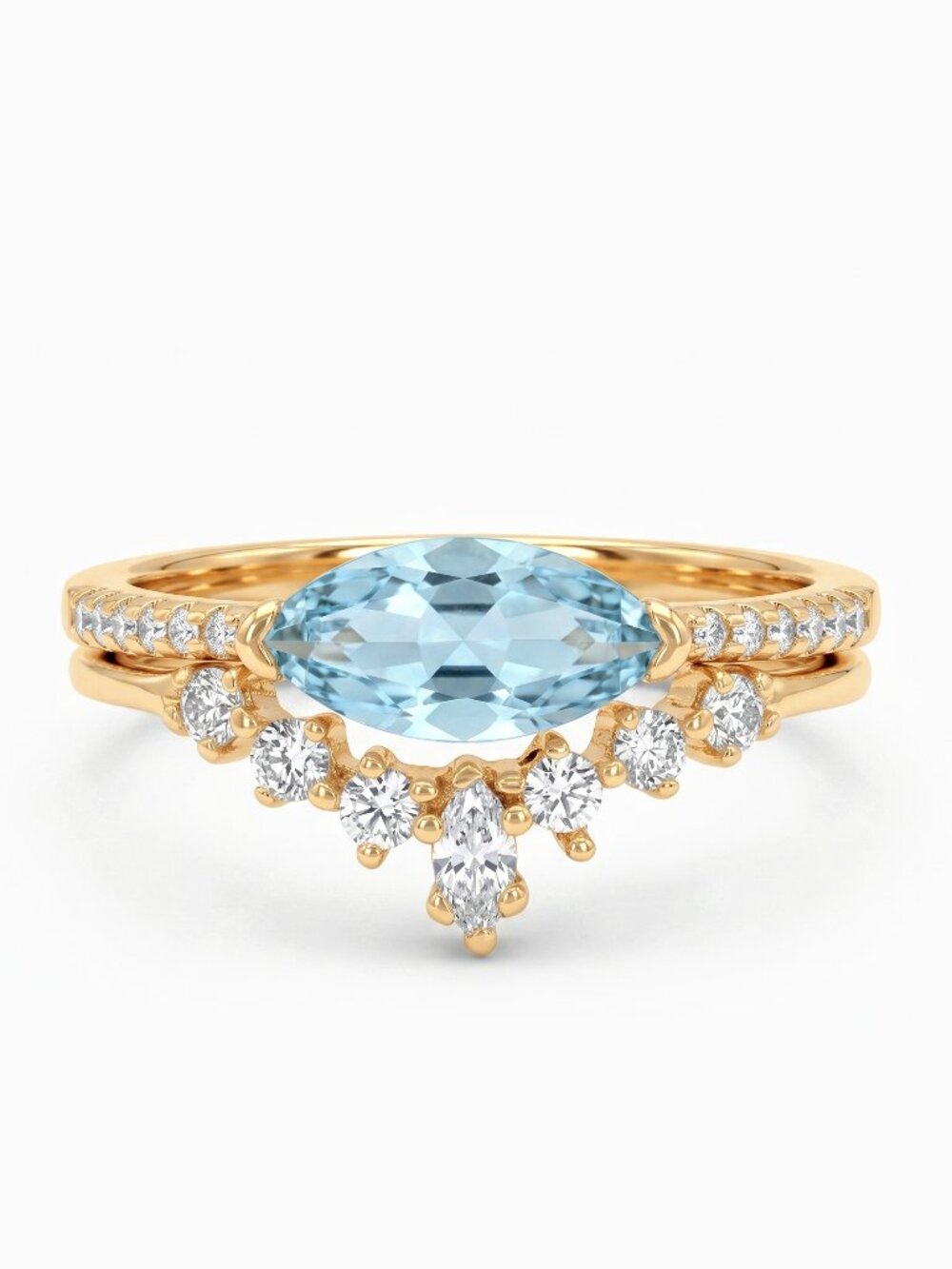 Gold and Aquamarine ring set, 925 Sterling Silver 10k gold